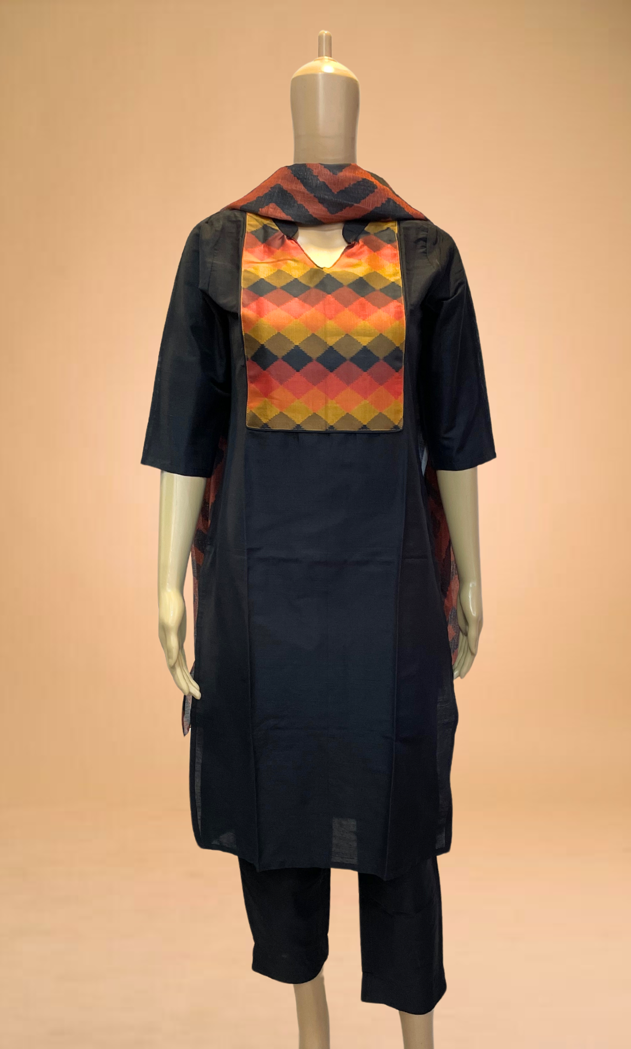 KS036 Black Slub Silk Kurti Set (3pc)