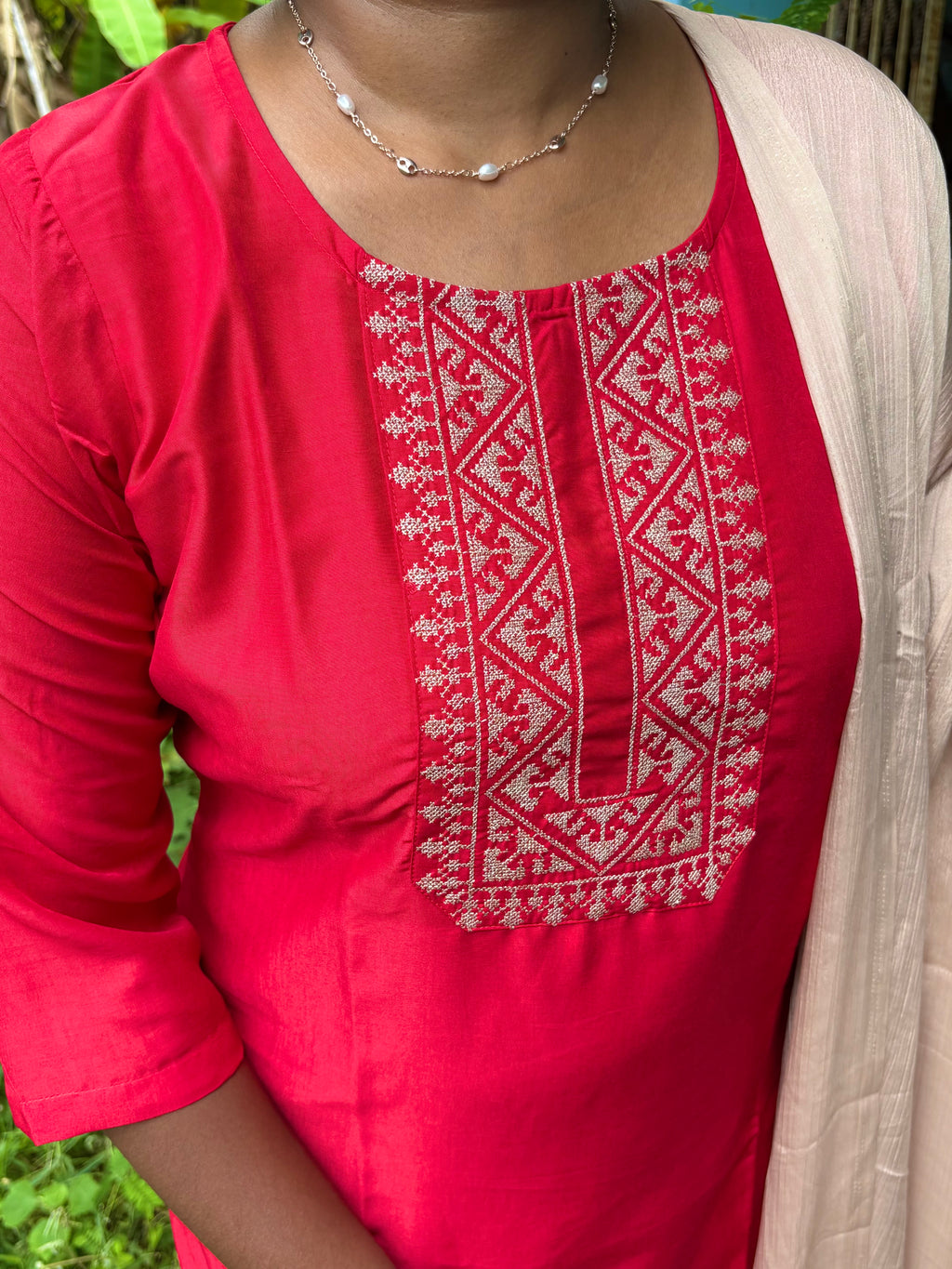 KS045 Premium Viscose Muslin Embroidered Red Kurti Set (3pc)