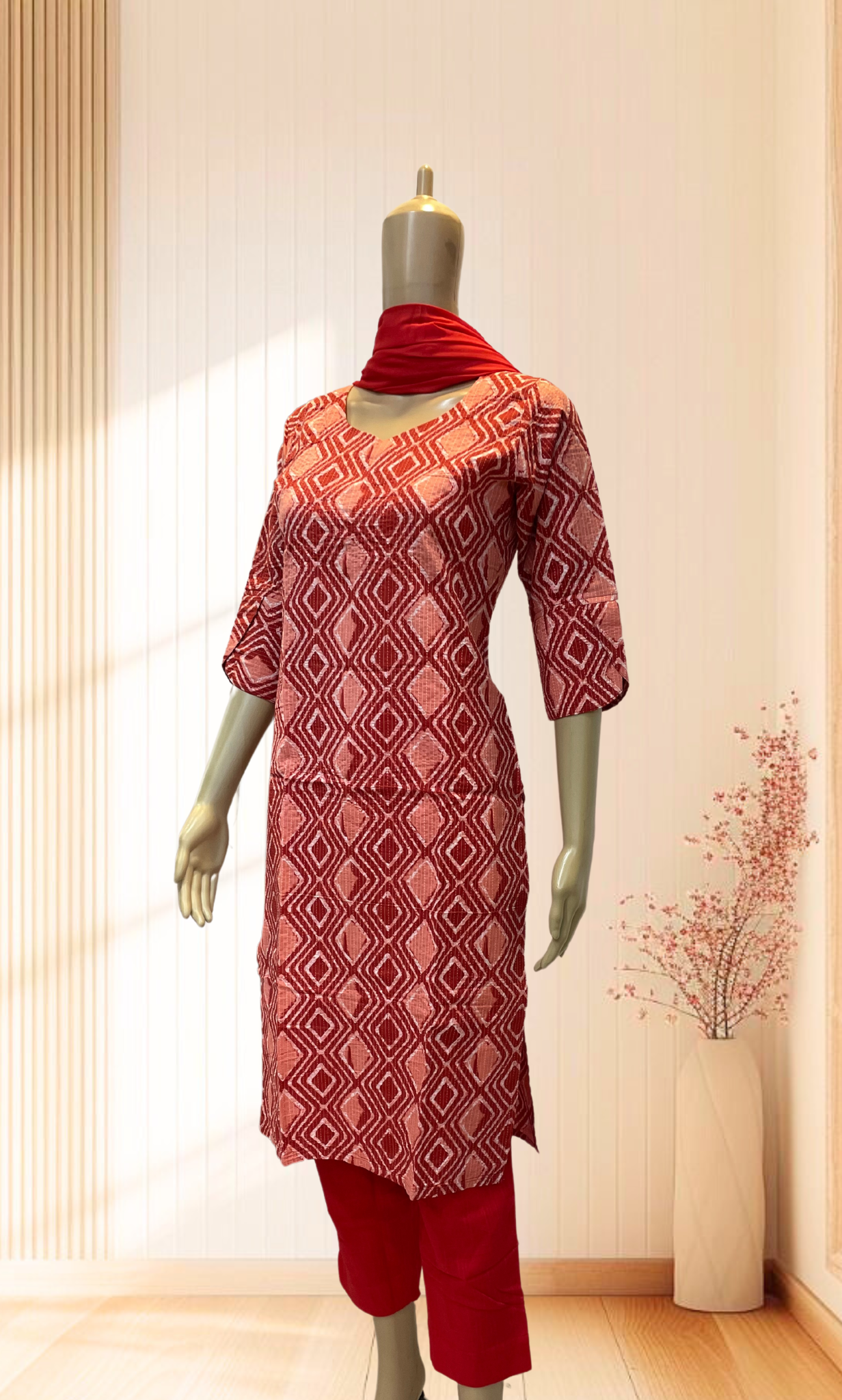 KS028 Red Geometric Pattern Cotton Kurti Set (3pc)