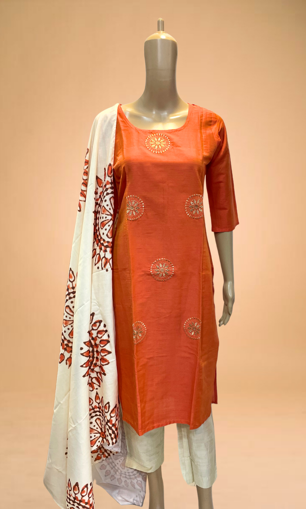 KS035 Embroidered Orange Slub Silk Kurti Set (3pc)