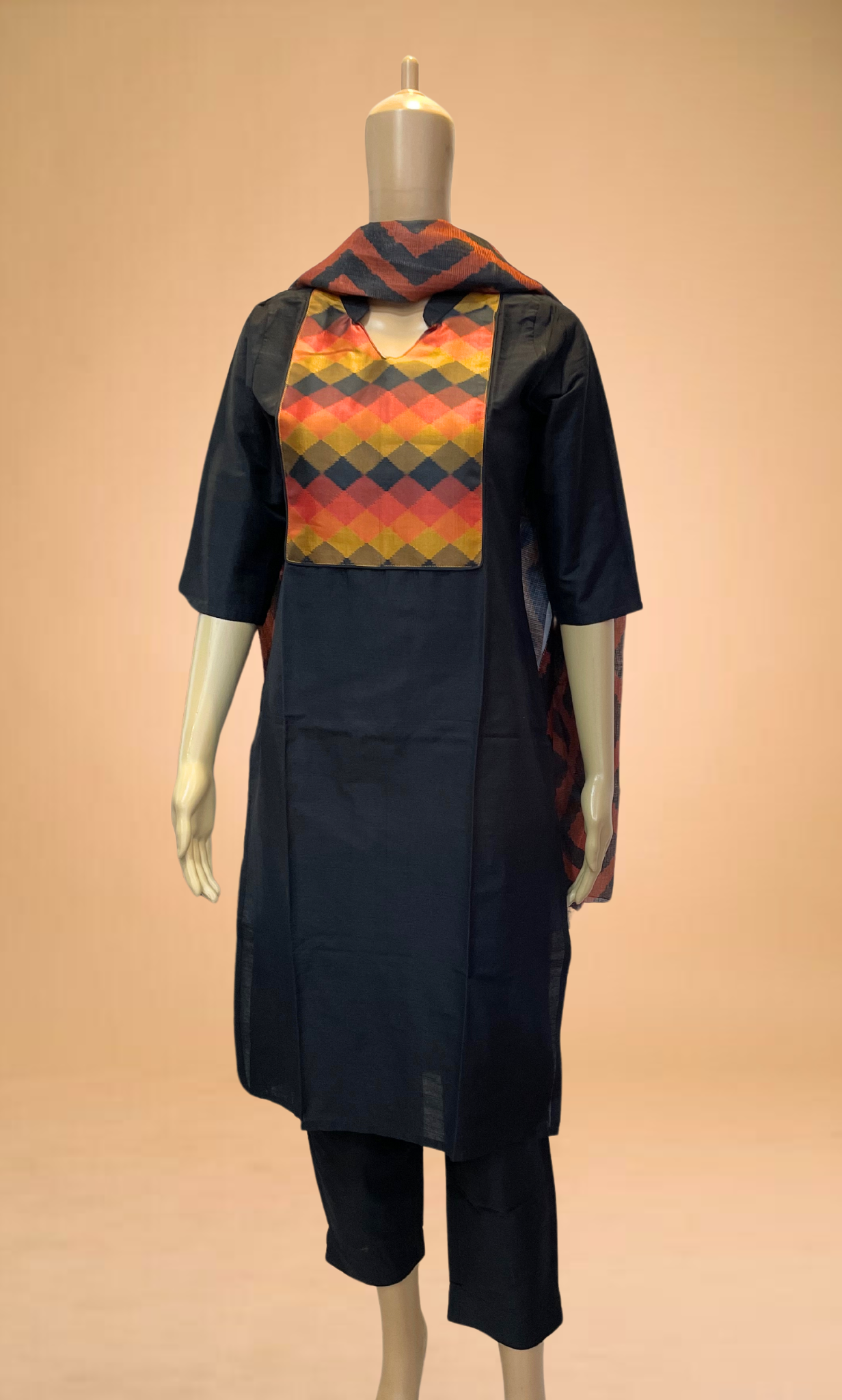 KS036 Black Slub Silk Kurti Set (3pc)