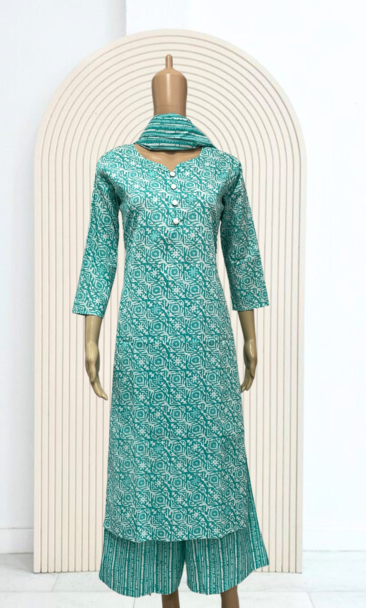 KS022 Turquoise Cotton Kurti Palazzo Set (2pc)