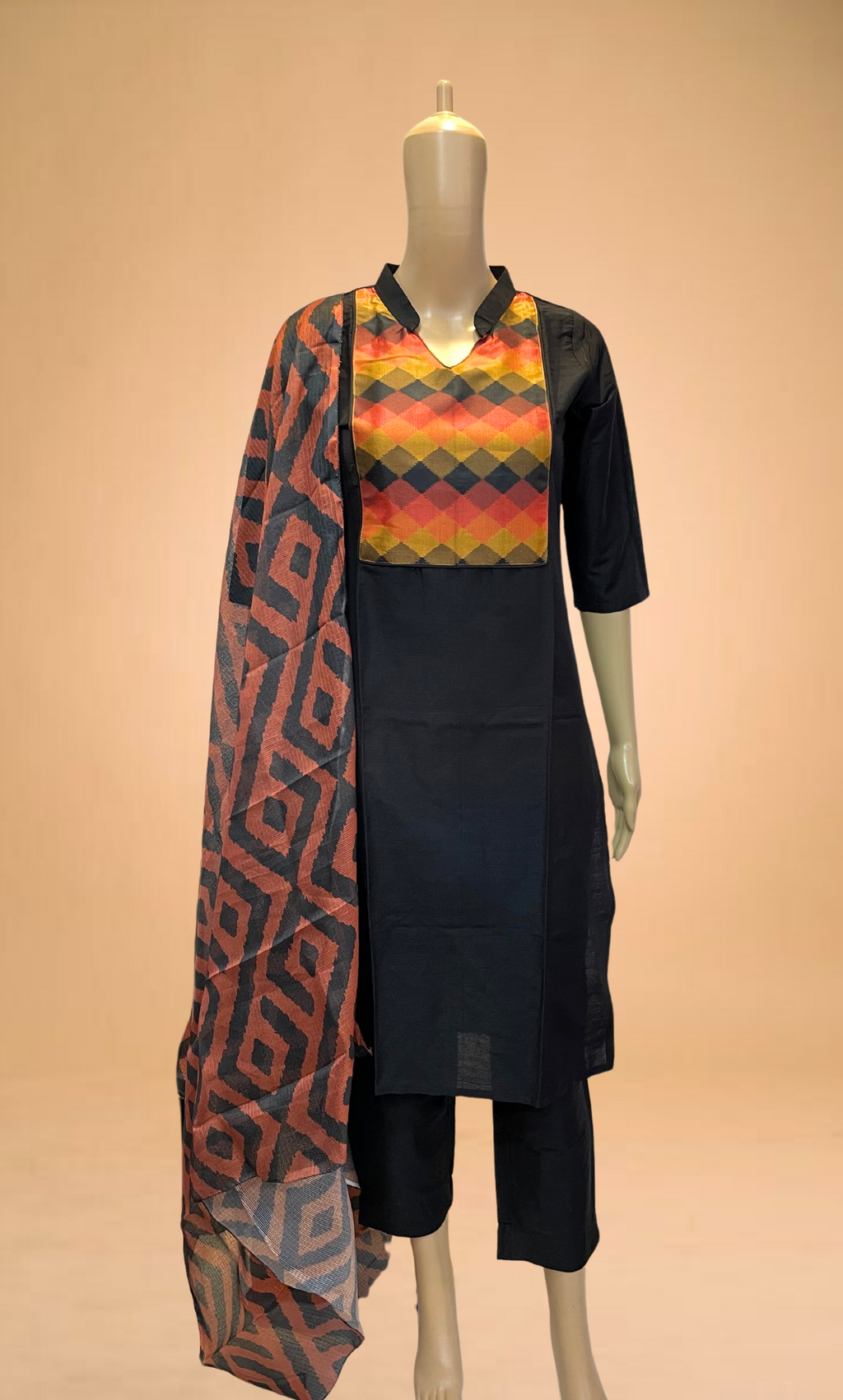KS036 Black Slub Silk Kurti Set (3pc)