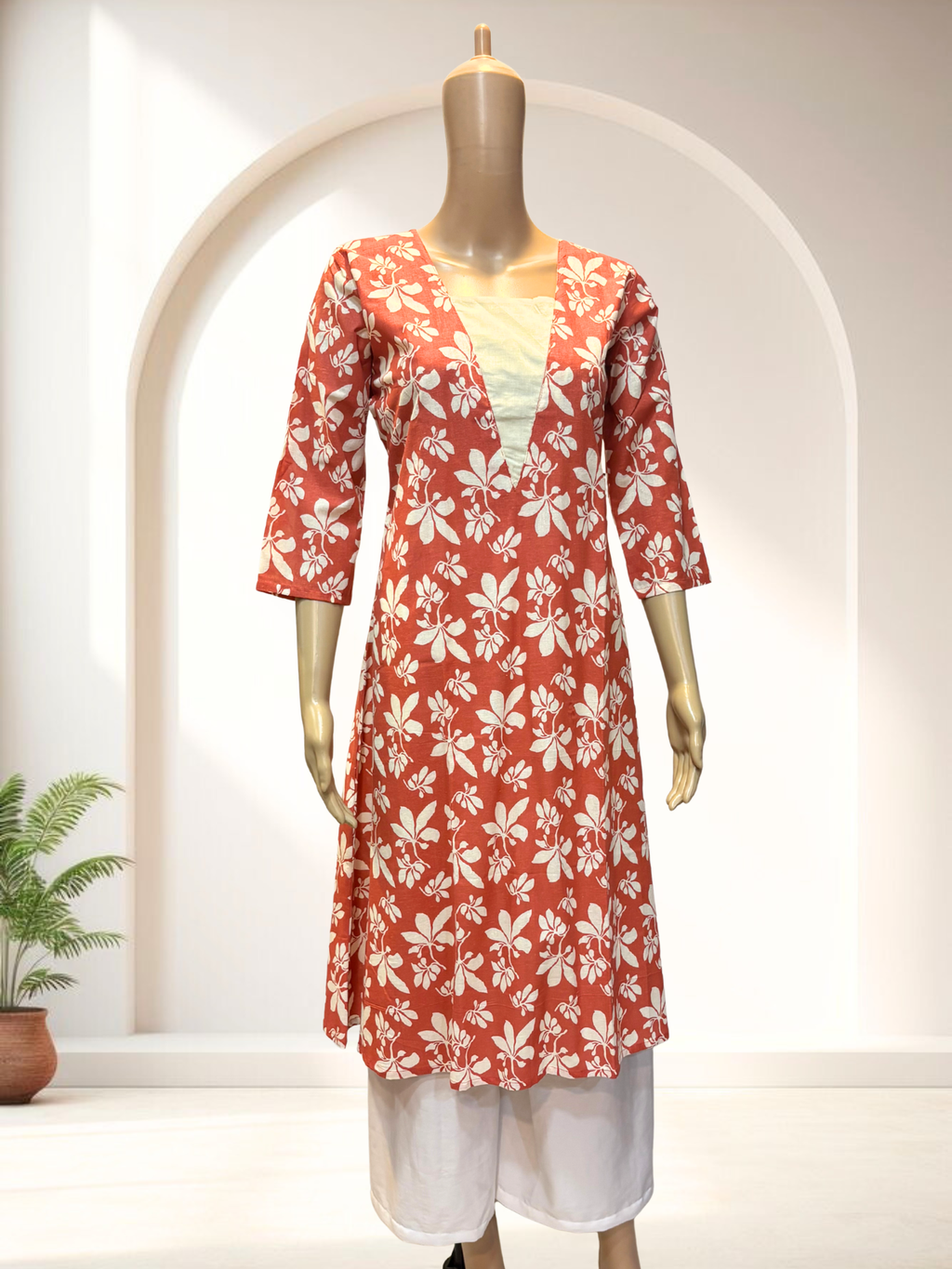 KCA011 Pure Cotton orange floral printed Aline kurti