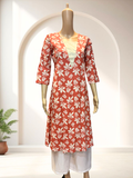 KCA011 Pure Cotton orange floral printed Aline kurti