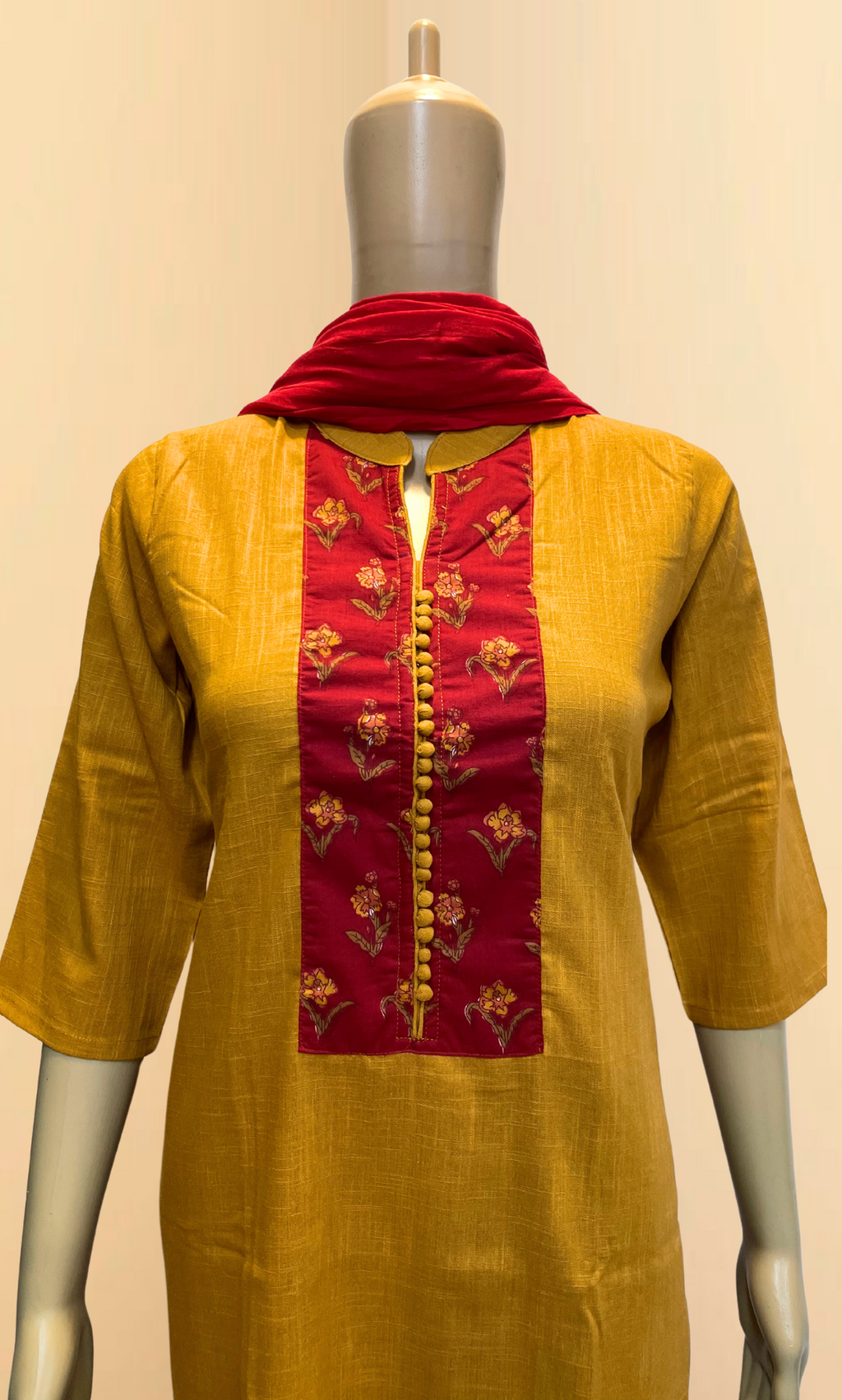 KS021 Mustard and Red Slub Cotton Kurti Set (3pc)