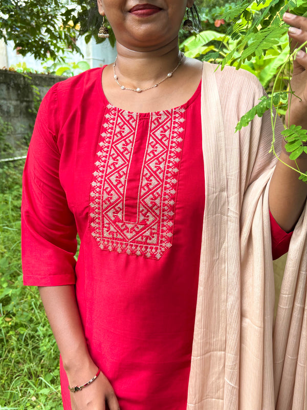 KS045 Premium Viscose Muslin Embroidered Red Kurti Set (3pc)