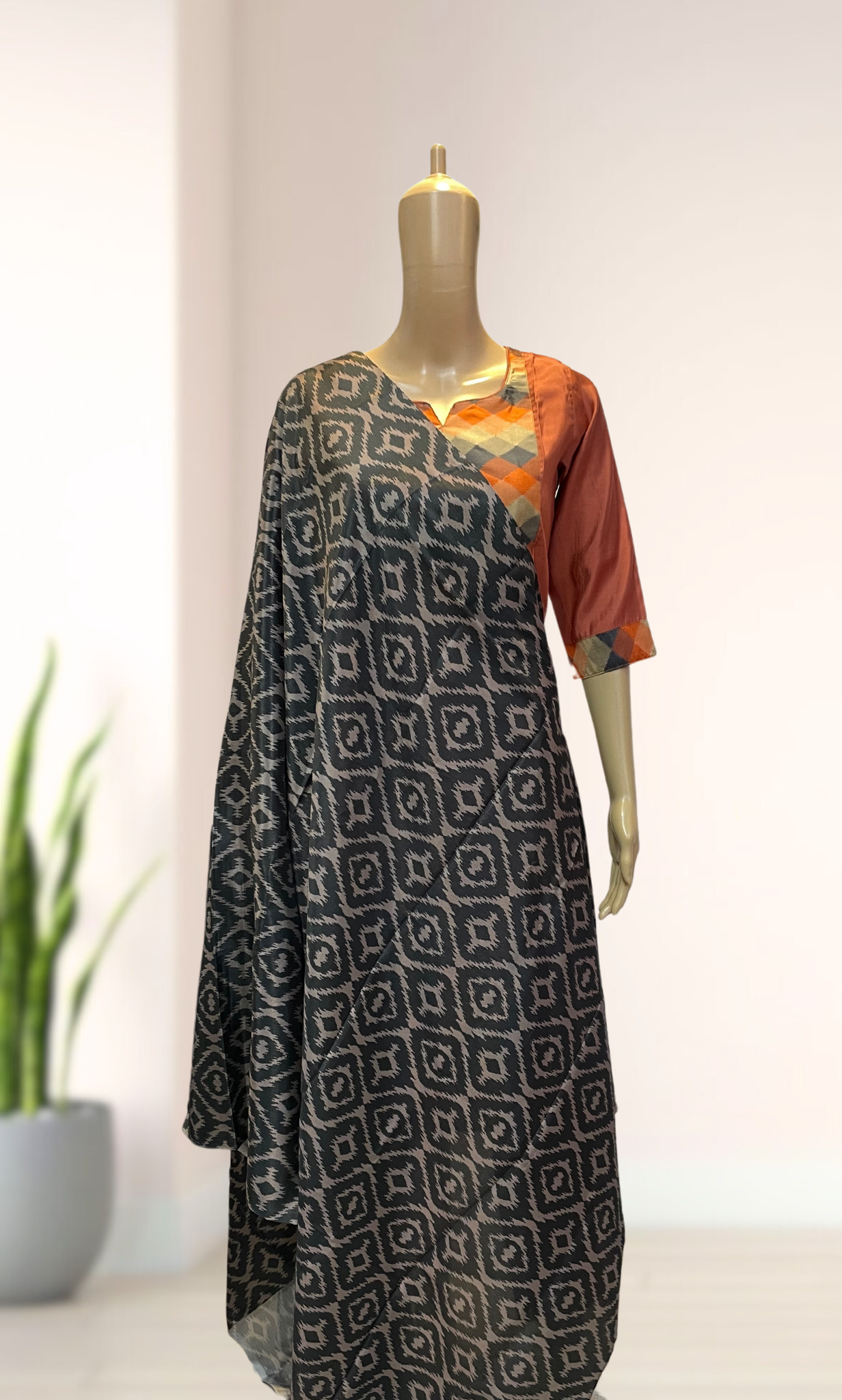 KS033 Dark Peach Roman Silk Kurti Set (3pc)