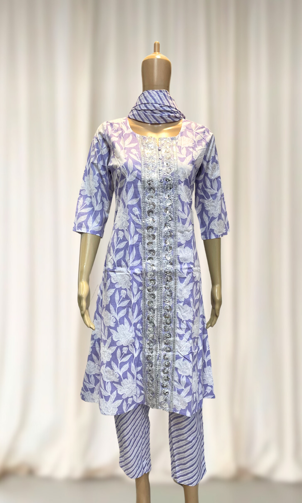KS012 Lavendar Floral Cotton Kurti Set (3pc)