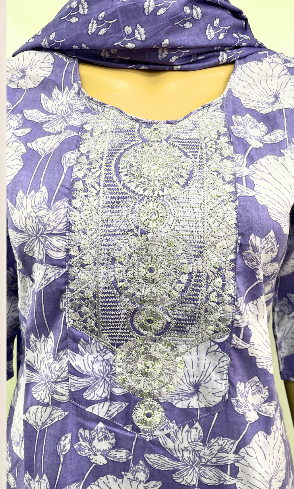 KS026 Embroidered Lavendar Cotton Kurti Set (3pc)
