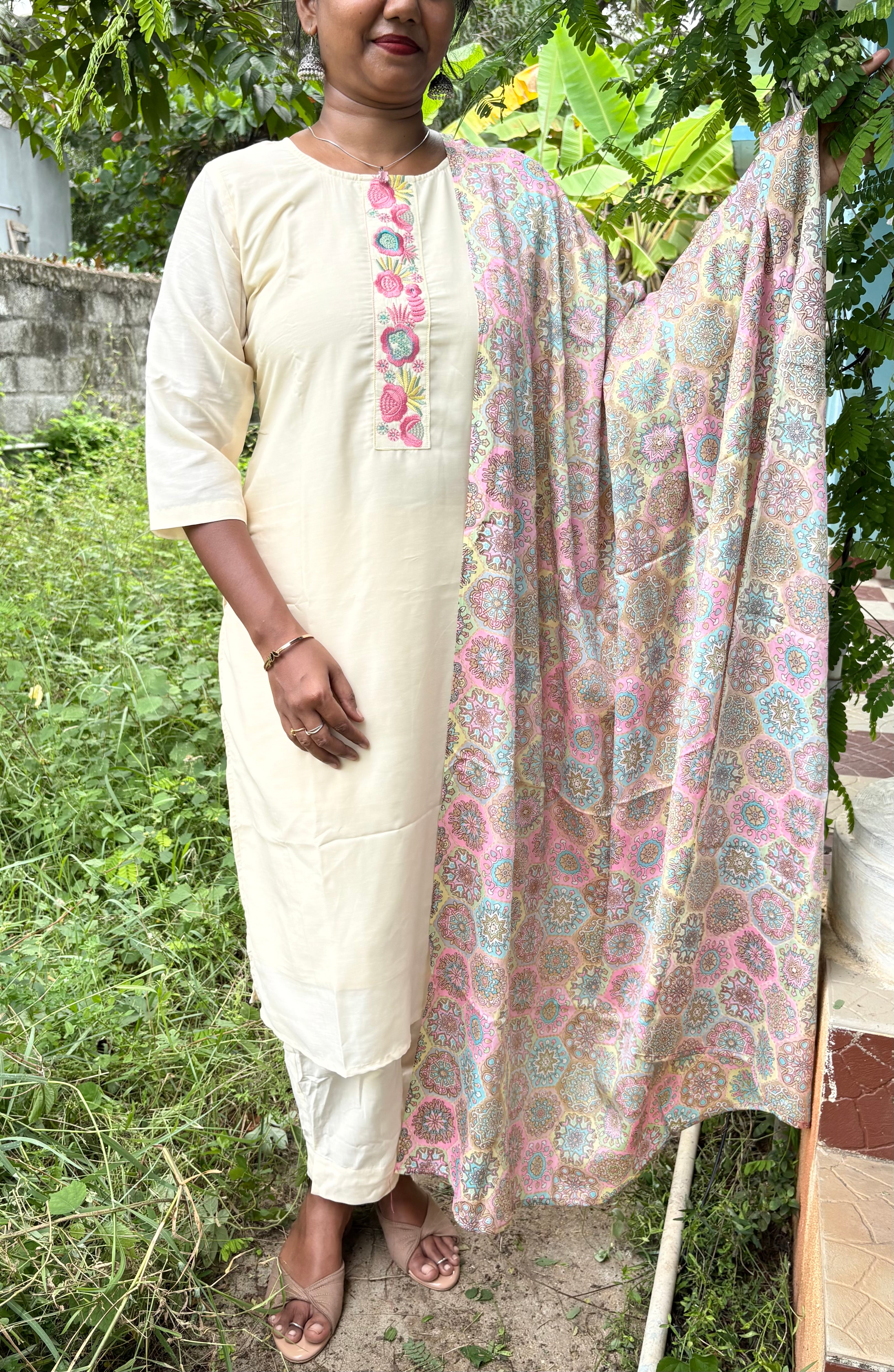 KS048 Premium Viscose Muslin Embroidered white Kurti Set (3pc)