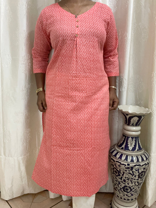 KC008 Pure Cotton Kantha Work Peach Color kurti