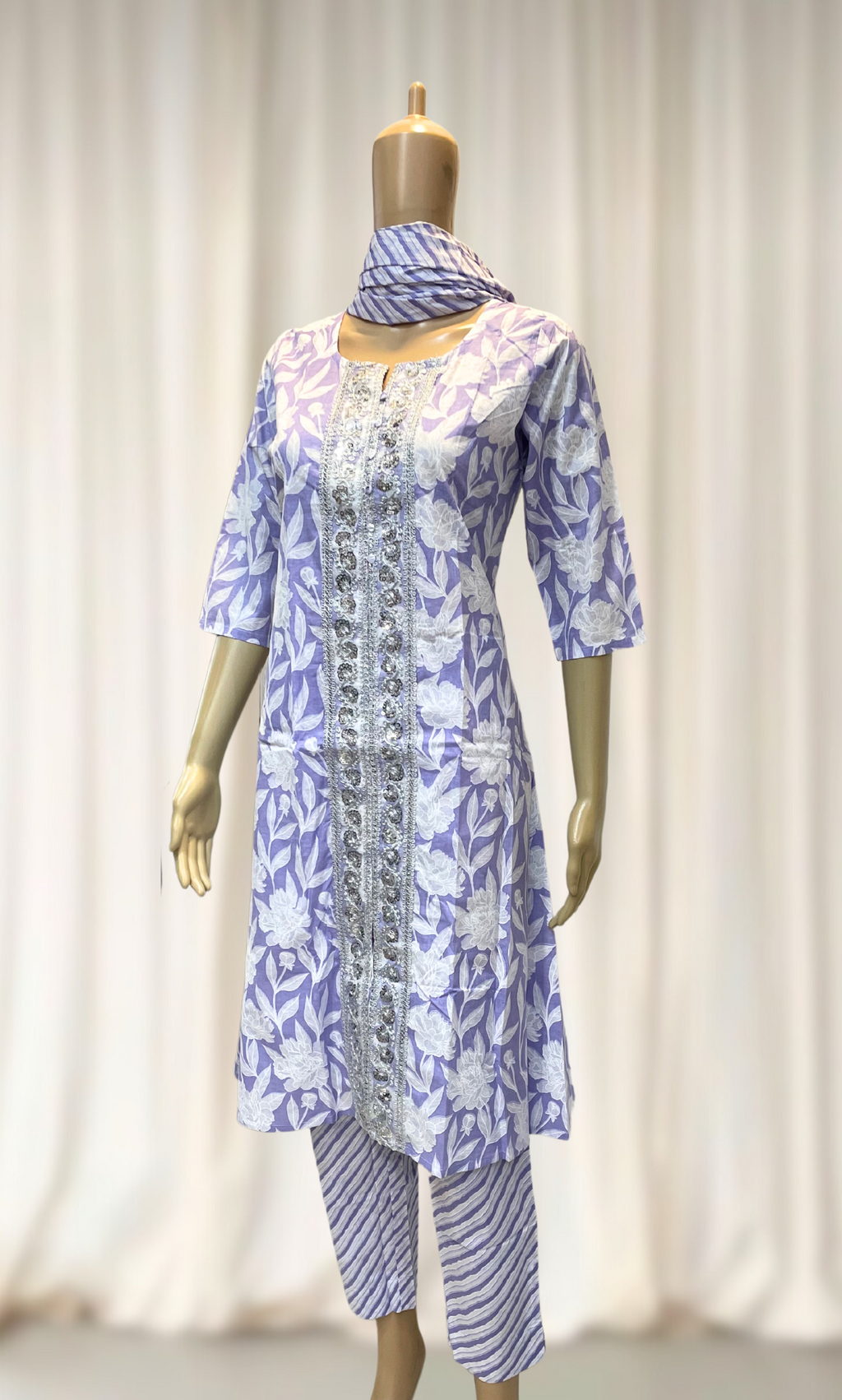 KS012 Lavendar Floral Cotton Kurti Set (3pc)
