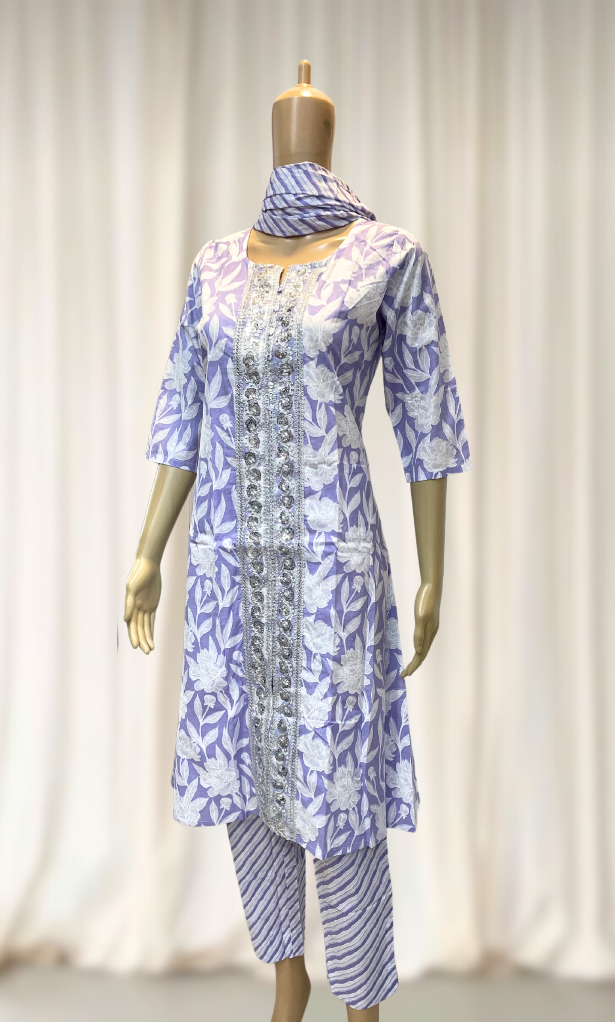 KS012 Lavendar Floral Cotton Kurti Set (3pc)