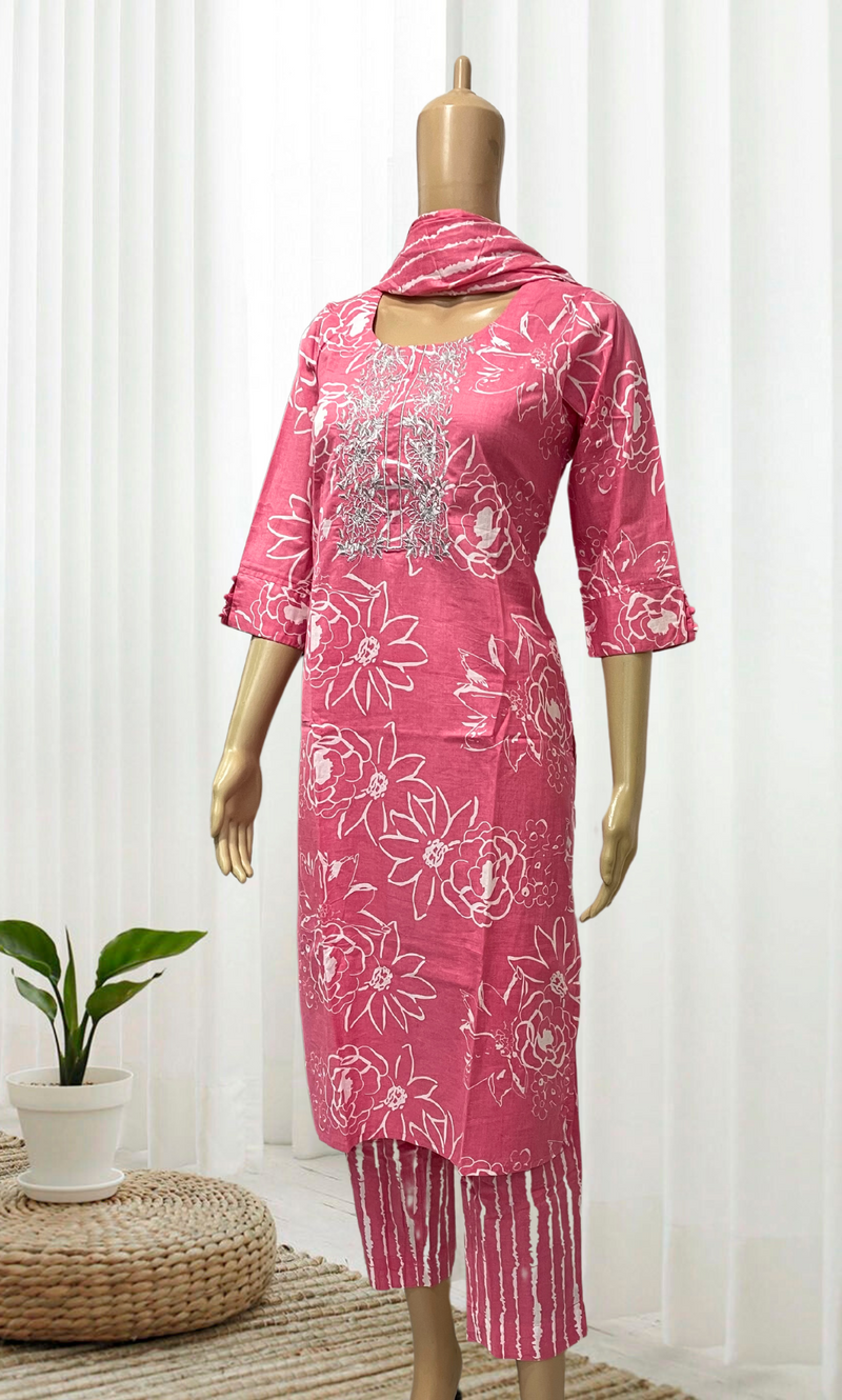 KS002 Silver Embroidered Pink Cotton Kurti Set (3pc)