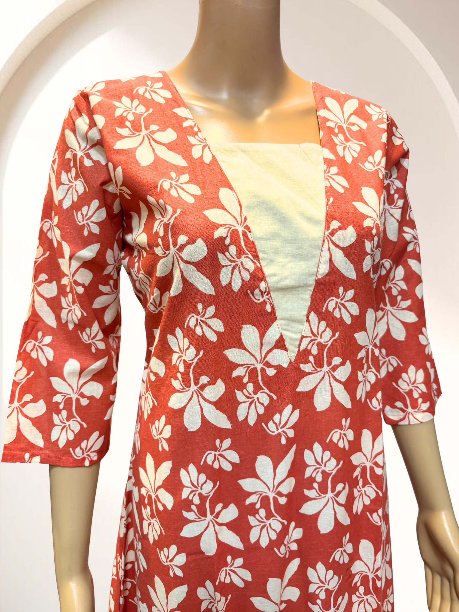 KCA011 Pure Cotton orange floral printed Aline kurti