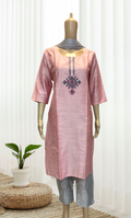 KS037 Embroidered Baby Pink Slub Silk Kurti Set (3pc)