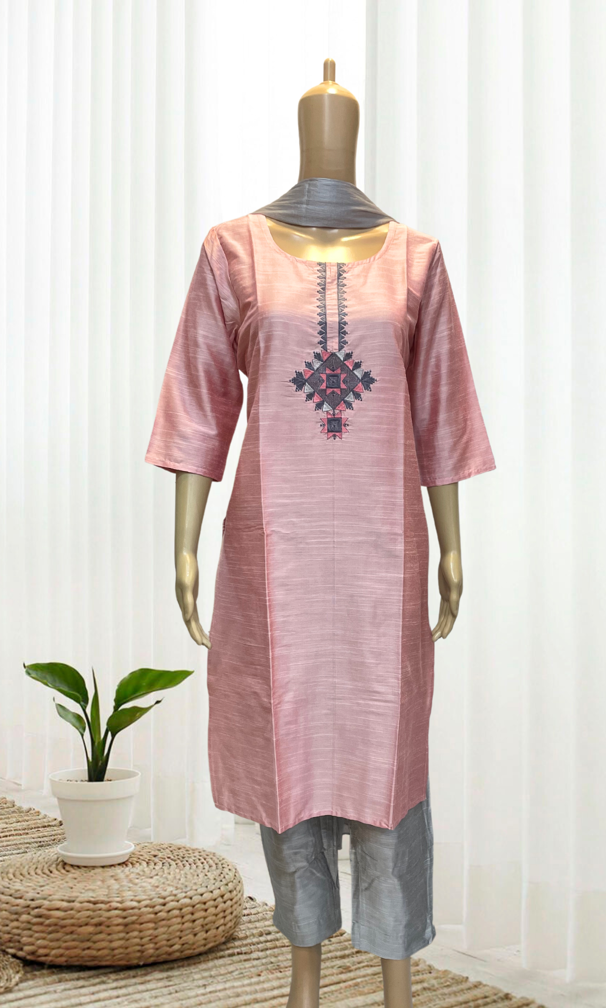 KS037 Embroidered Baby Pink Slub Silk Kurti Set (3pc)