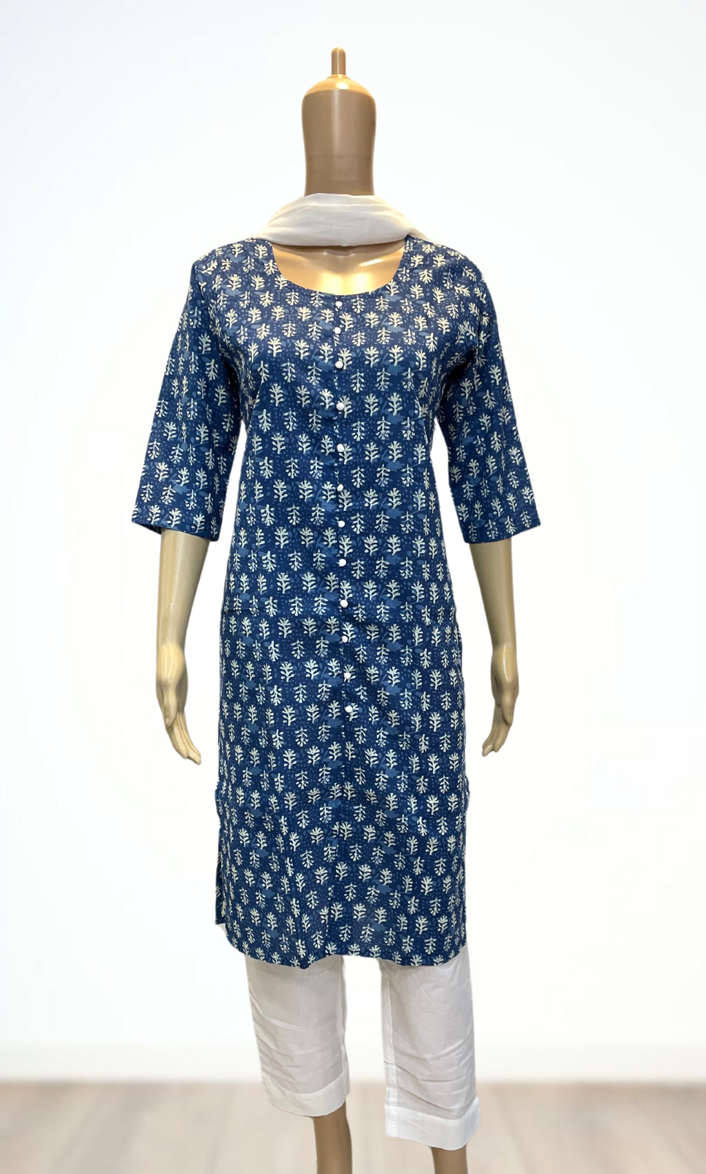 KS027 Indigo Blue Cotton Kurti Set (3pc)