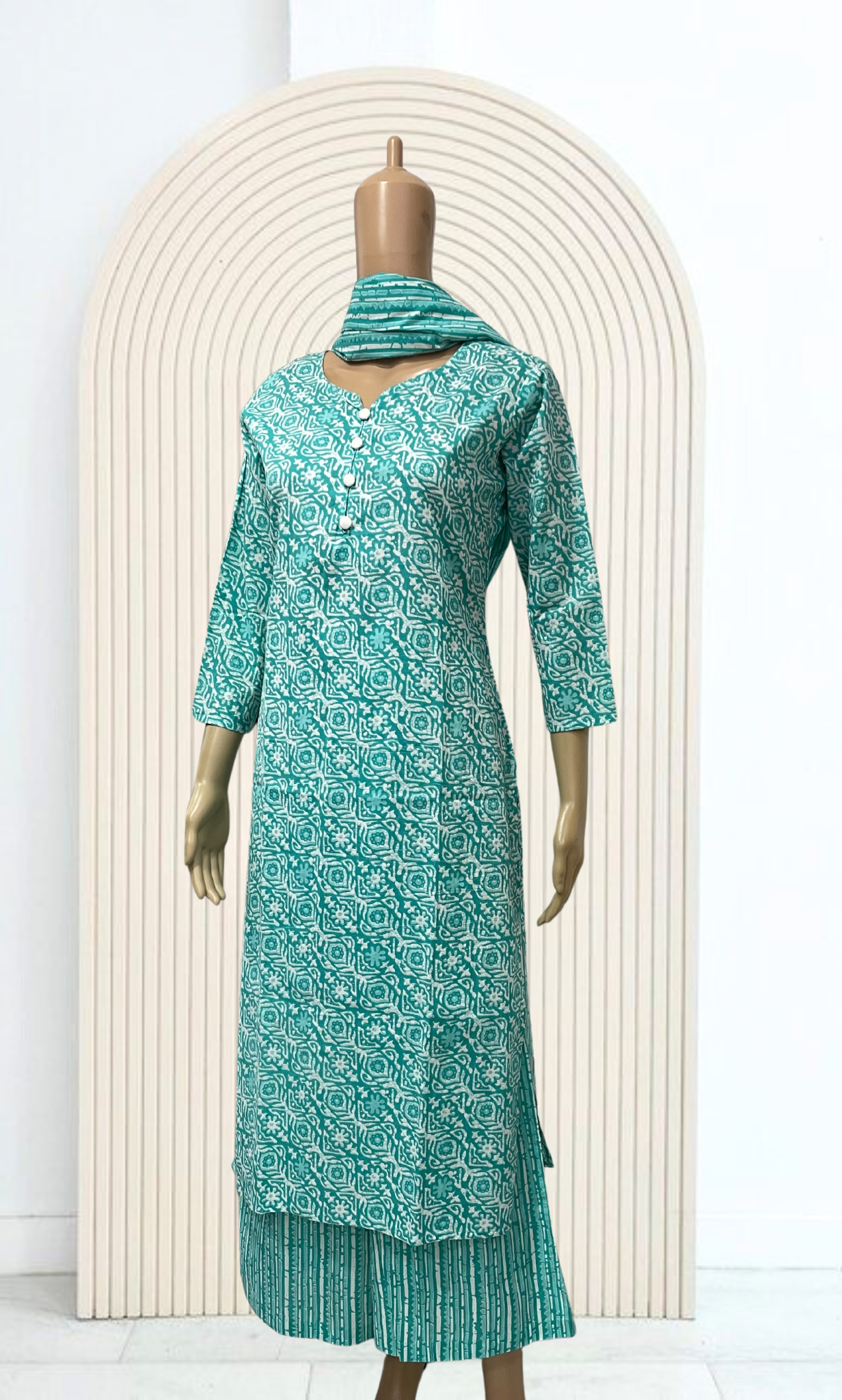 KS022 Turquoise Cotton Kurti Palazzo Set (2pc)