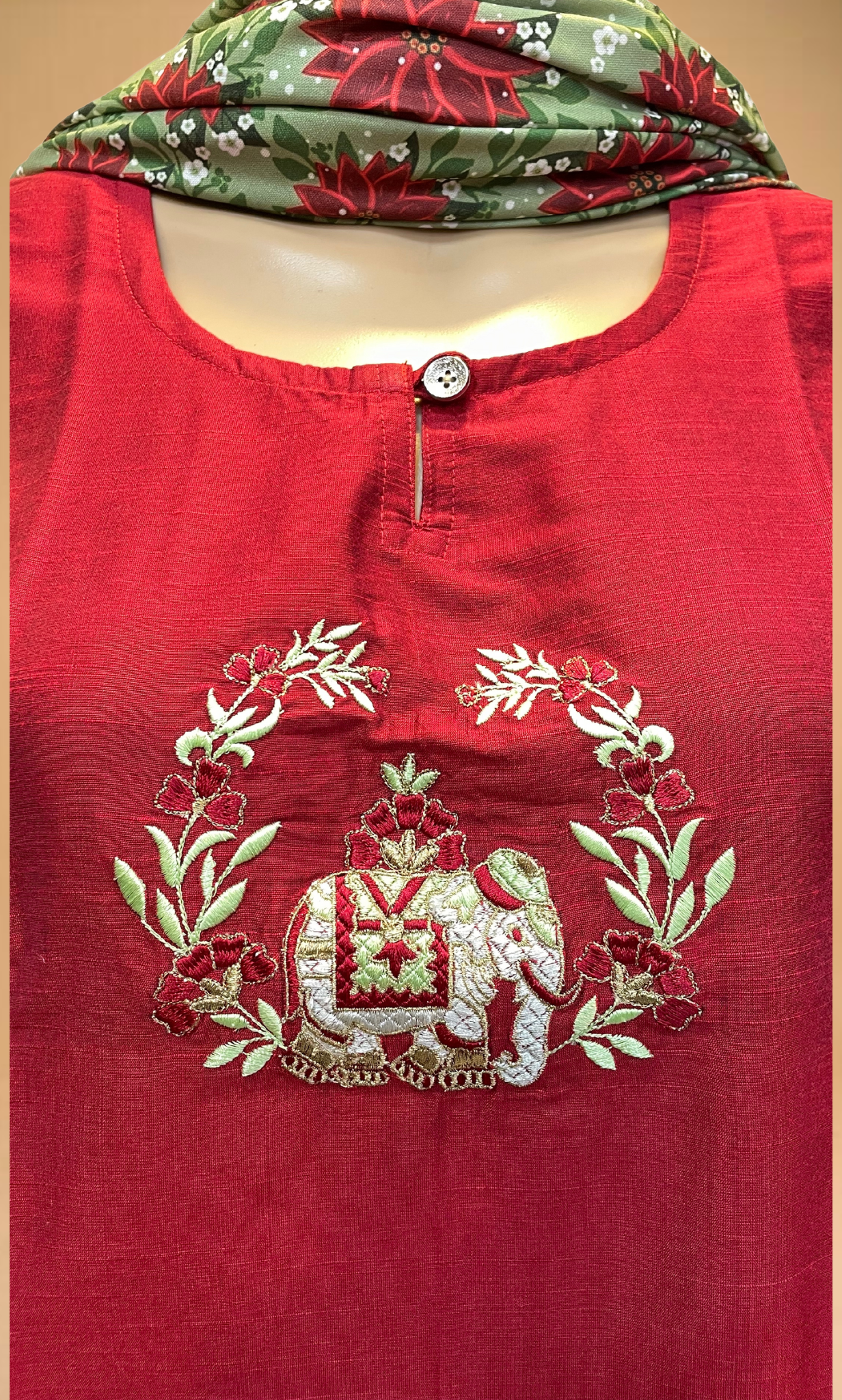 KS038 Embroidered Red Slub Silk Kurti set (3pc)