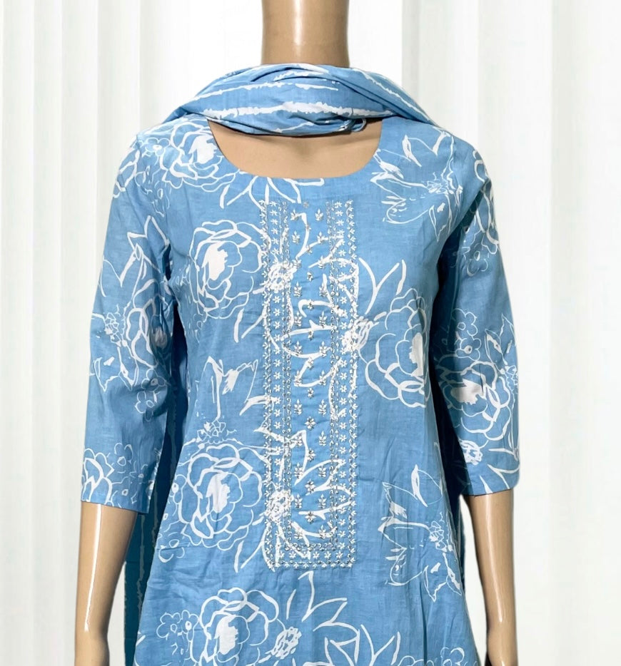 KS005 Ice Blue Embroidered cotton Kurti Set (3 PC)