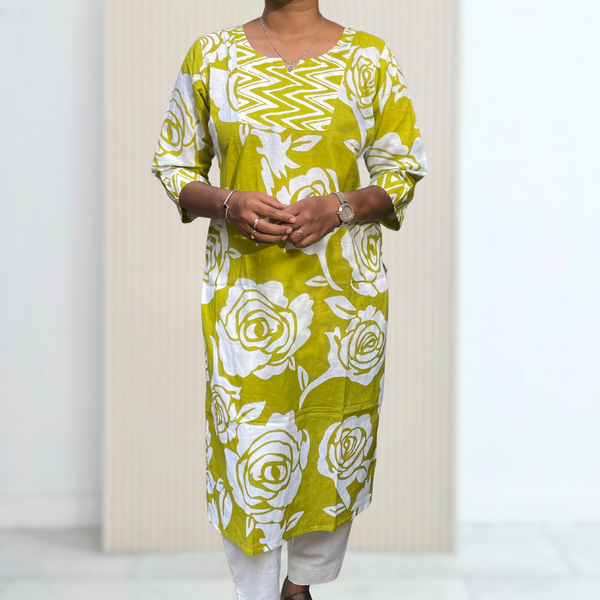 KC006 Pure cotton Floral Mehendhi Green Color Kurti