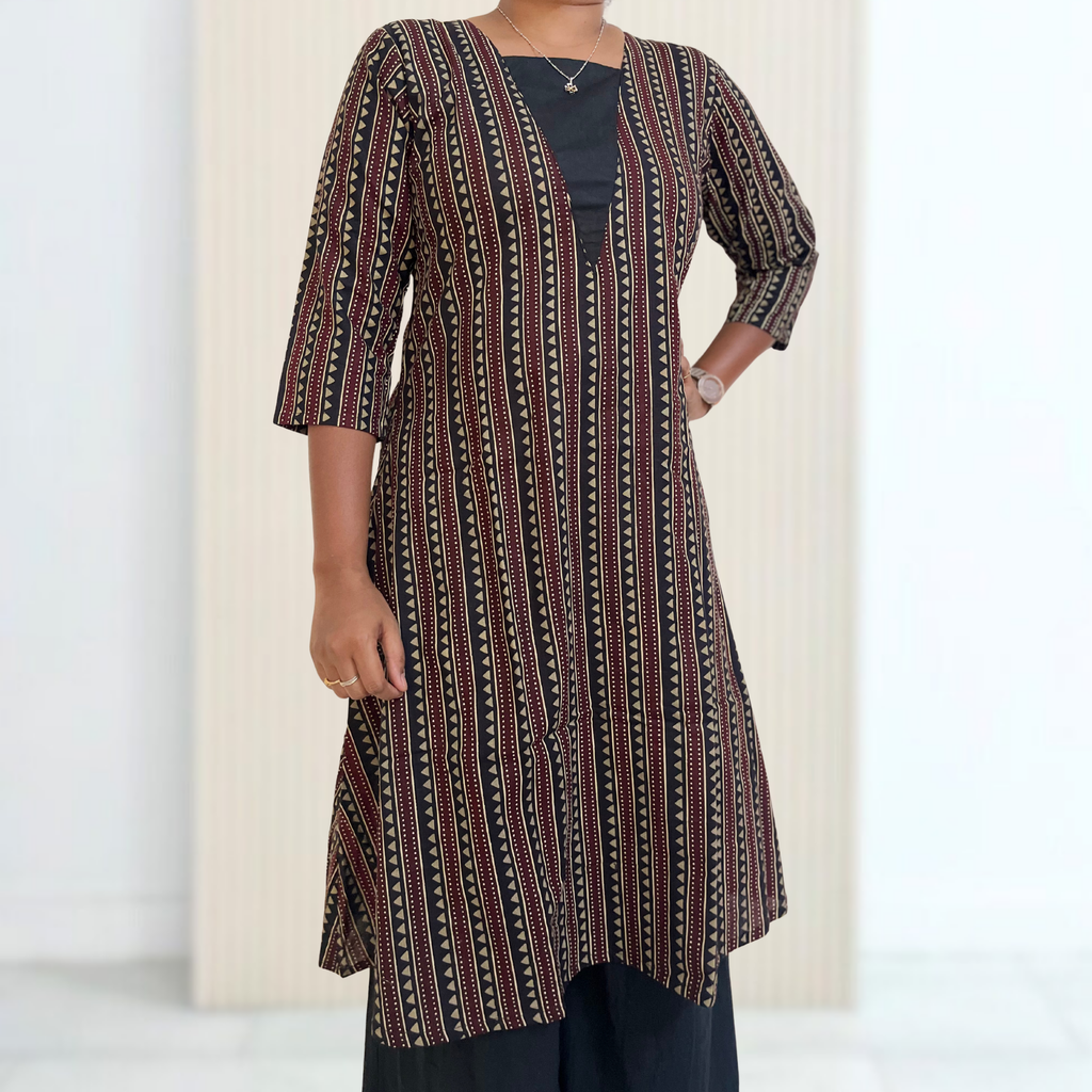 KCA007 Pure Cotton Aline Anarkali Black Color Kurti